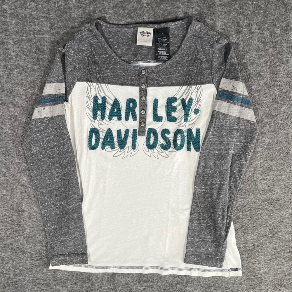 Harley-Davidson Y2K Womens Grey White Colorblock Henley Long Sleeve Shirt Medium